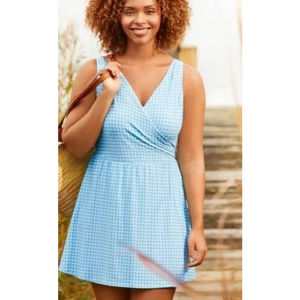 NWT Lands End One Piece Modest Swimsuit Dress Gingham Plaid Blue Size 18 Long